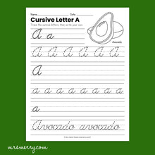 Load image into Gallery viewer, 26 Cursive Handwriting Worksheets - A thru Z - Fruits & Vegetables Themed