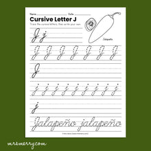 Load image into Gallery viewer, 26 Cursive Handwriting Worksheets - A thru Z - Fruits & Vegetables Themed