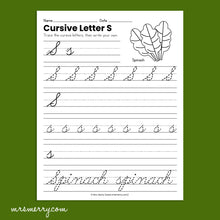 Load image into Gallery viewer, 26 Cursive Handwriting Worksheets - A thru Z - Fruits & Vegetables Themed