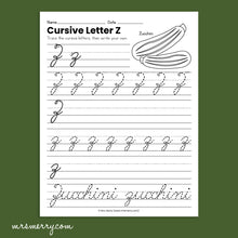 Load image into Gallery viewer, 26 Cursive Handwriting Worksheets - A thru Z - Fruits & Vegetables Themed