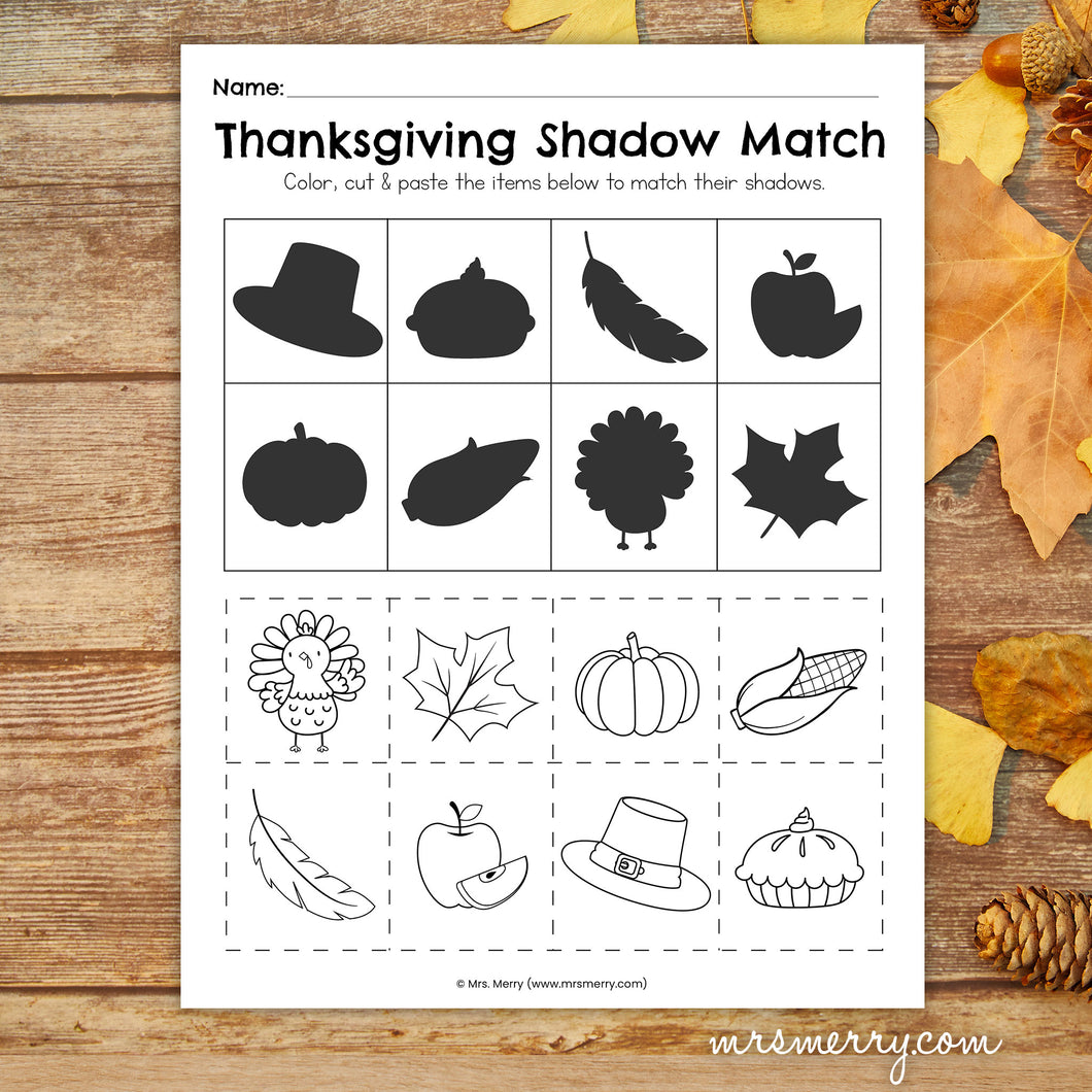 Thanksgiving Shadow Matching Worksheet