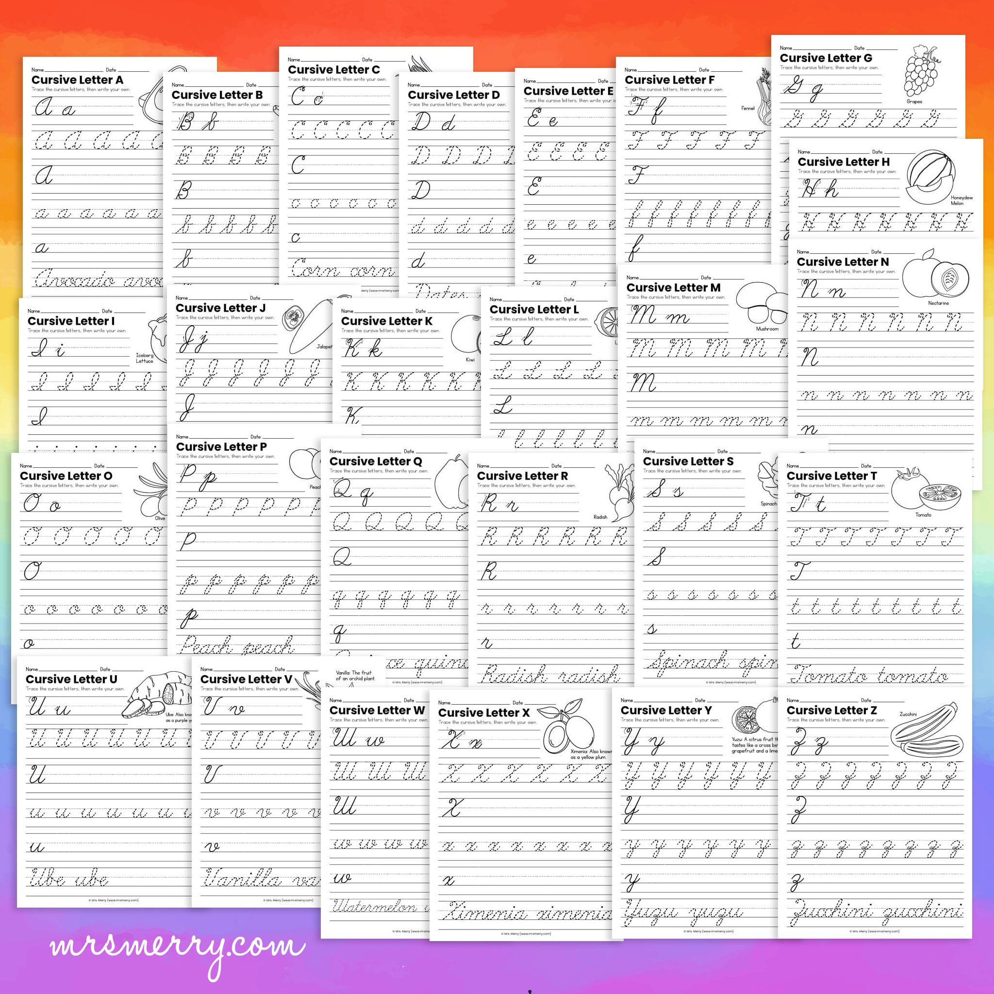 26 Cursive Handwriting Worksheets - A thru Z - Fruits & Vegetables The ...